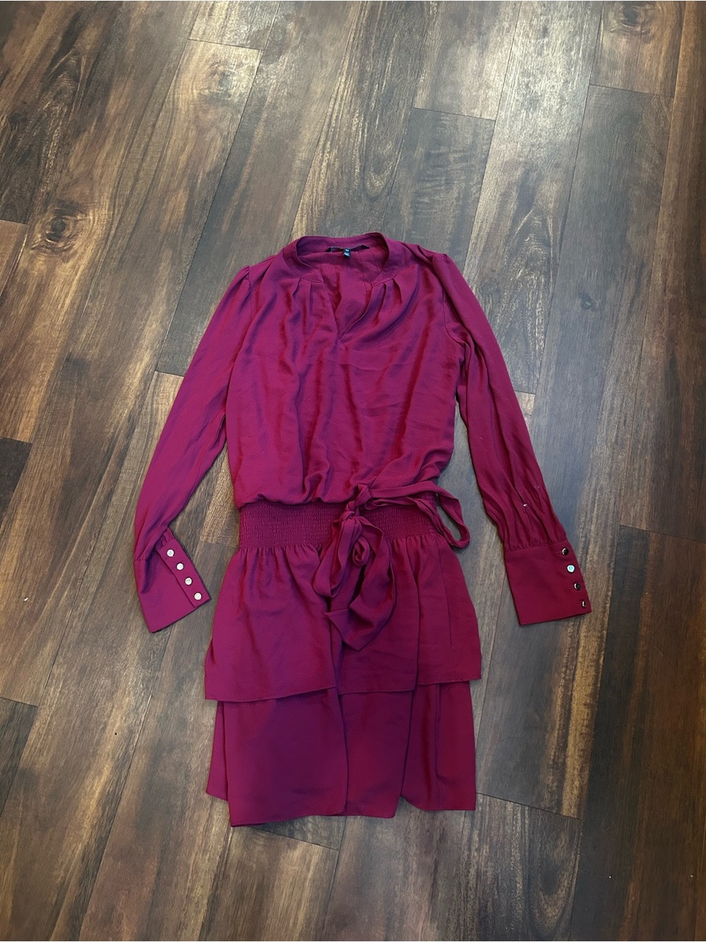 White House Black Market Long Sleeve Tie-Waist Tiered Dress in Deep Magenta